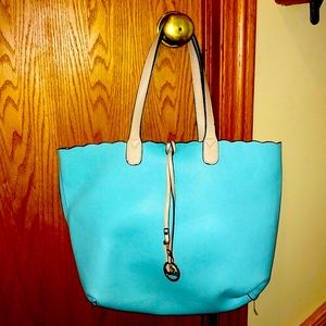 SARIT robin’s egg blue VEGAN PU large market tote bag purse logo keychain VGUC
